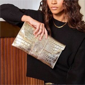 JJ Winters Nikki Metallic Gold Reptile Crocodile Print Clutch Bag New With Tags
